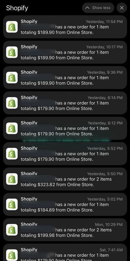 Shopify order notifications: eight orders between $179.90 and $323.82 in one evening