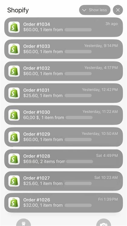 Shopify order notifications: nine orders from Friday to today