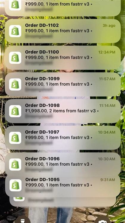 Shopify order notifications: ₹999 orders coming in through the morning